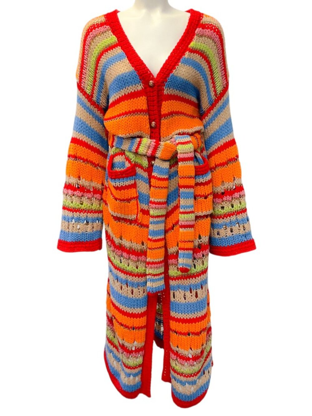 Etro Multi Striped Wool Long Cardigan Sweater with Belt